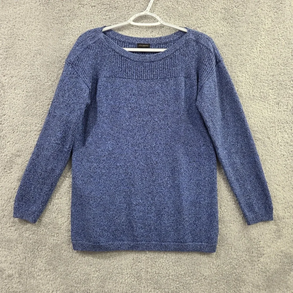Talbots Sweater Women's Medium Blue Marled Knit Ribbed Boat Neck Long Sleeve